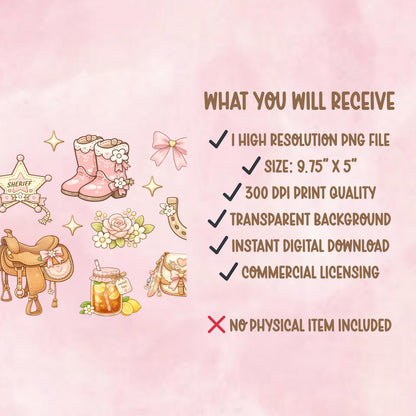 Pink Cowgirl Glass Can Wrap PNG | Western Boots, Cactus, Saddle (Digital Download)