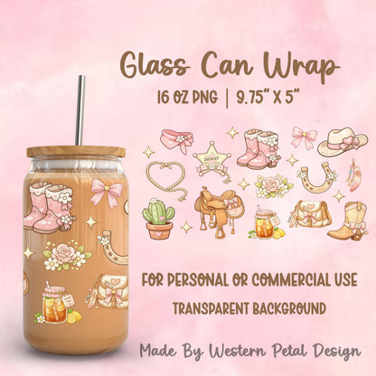 Pink Cowgirl Glass Can Wrap PNG | Western Boots, Cactus, Saddle (Digital Download)