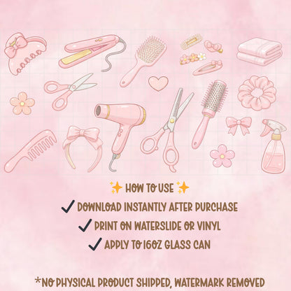 Pink Hair Stylist Glass Can Wrap PNG | Coquette Beauty Tumbler Design (Digital Download)
