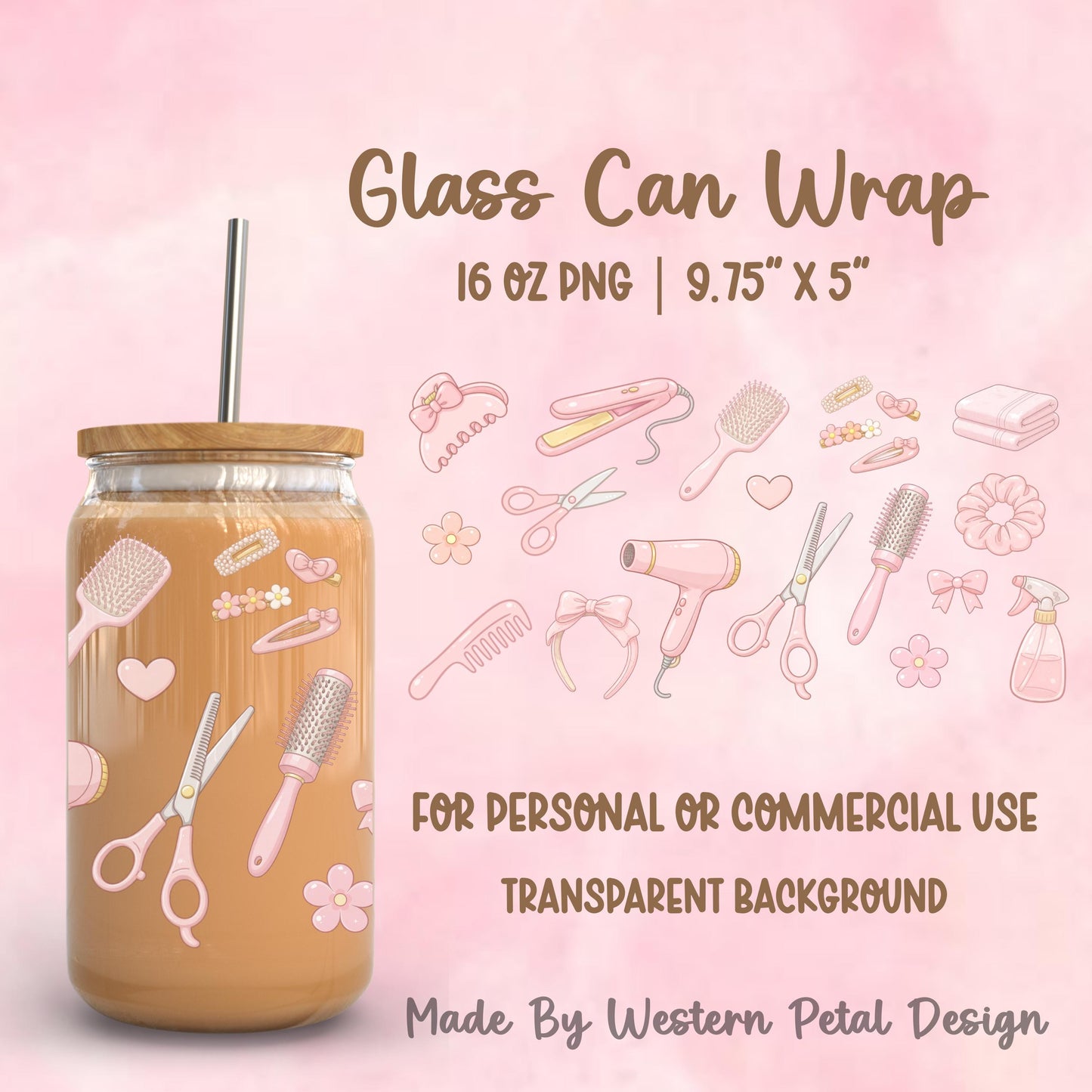 Pink coquette hair stylist glass can wrap mockup featuring bows, brushes, scissors, clips, and beauty tools on a 16oz glass cup