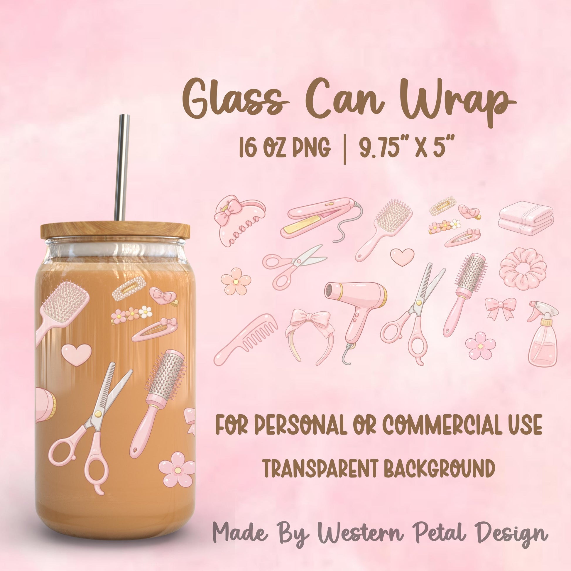 Pink coquette hair stylist glass can wrap mockup featuring bows, brushes, scissors, clips, and beauty tools on a 16oz glass cup