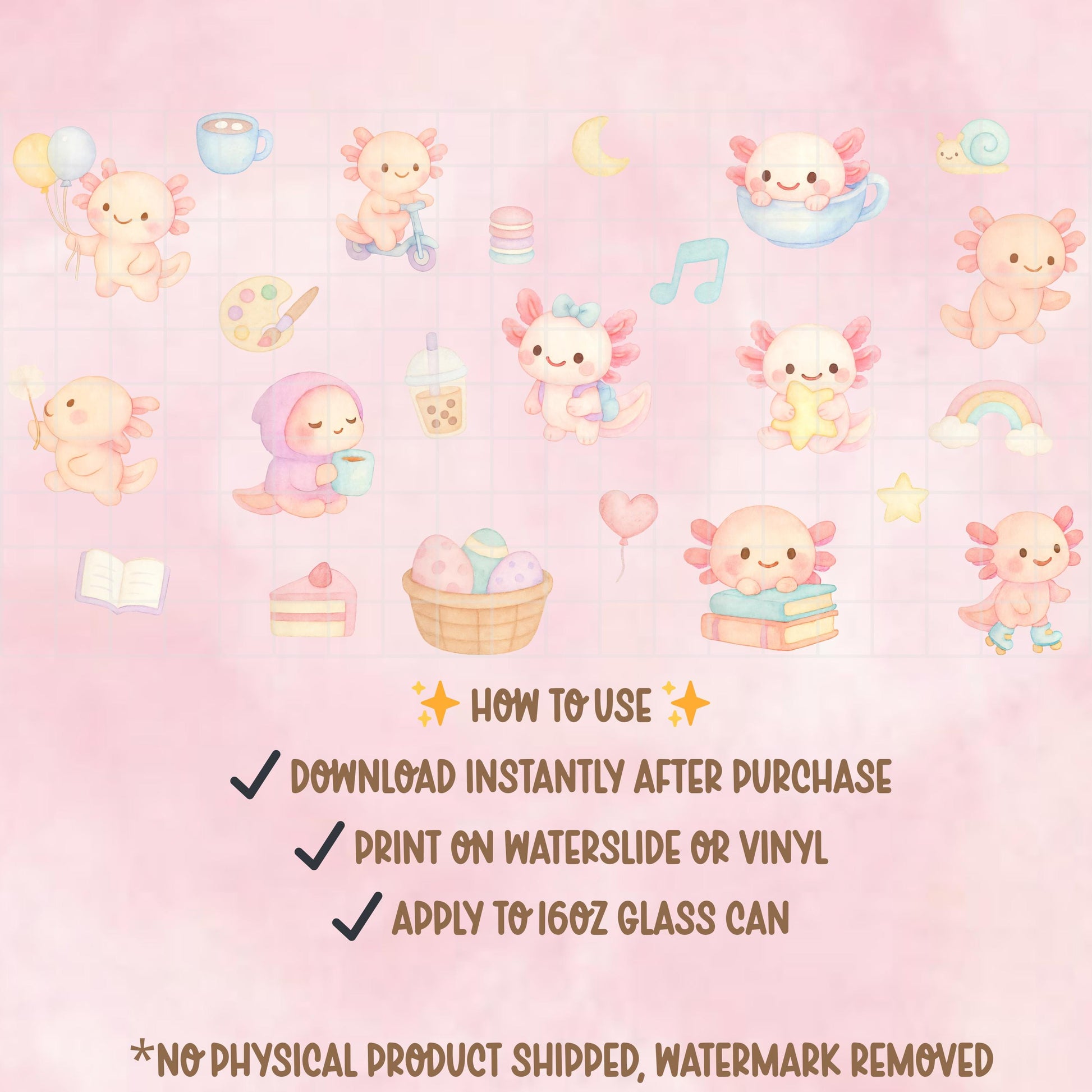 Pastel Kawaii Axolotl Glass Can Wrap PNG (16oz Libbey), Tumbler Design