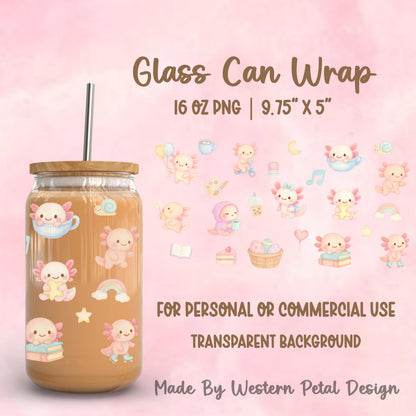 Pastel kawaii axolotl glass can wrap PNG featuring cute axolotls with books, boba tea, music notes, balloons, and desserts designed for 16oz Libbey glass cans.