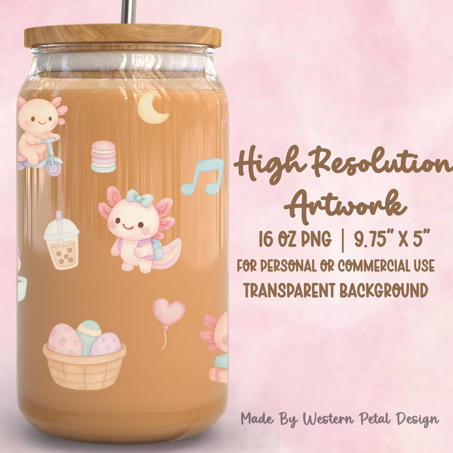 Pastel Kawaii Axolotl Glass Can Wrap PNG (16oz Libbey), Tumbler Design
