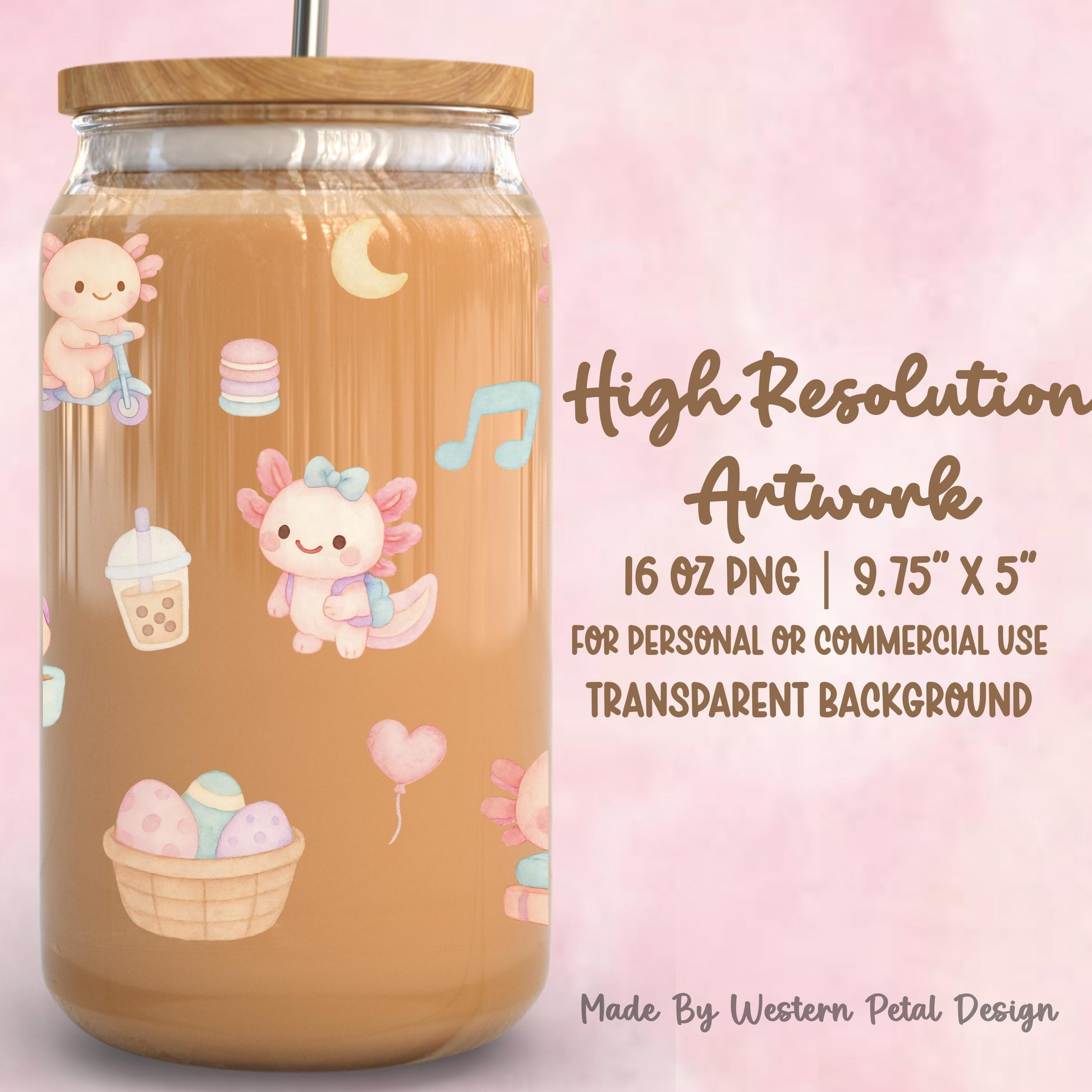 Pastel Kawaii Axolotl Glass Can Wrap PNG (16oz Libbey), Tumbler Design