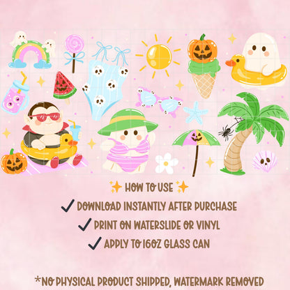 Spooky Summer Glass Can Wrap PNG, Halloween Beach Tumbler Design (Digital Download)