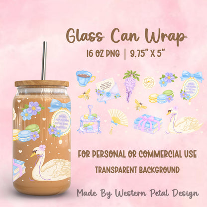 Cottagecore tea party glass can wrap PNG featuring swan, macarons, teacups, books, wisteria flowers, bees, and coquette bows designed for a 16oz Libbey glass can.