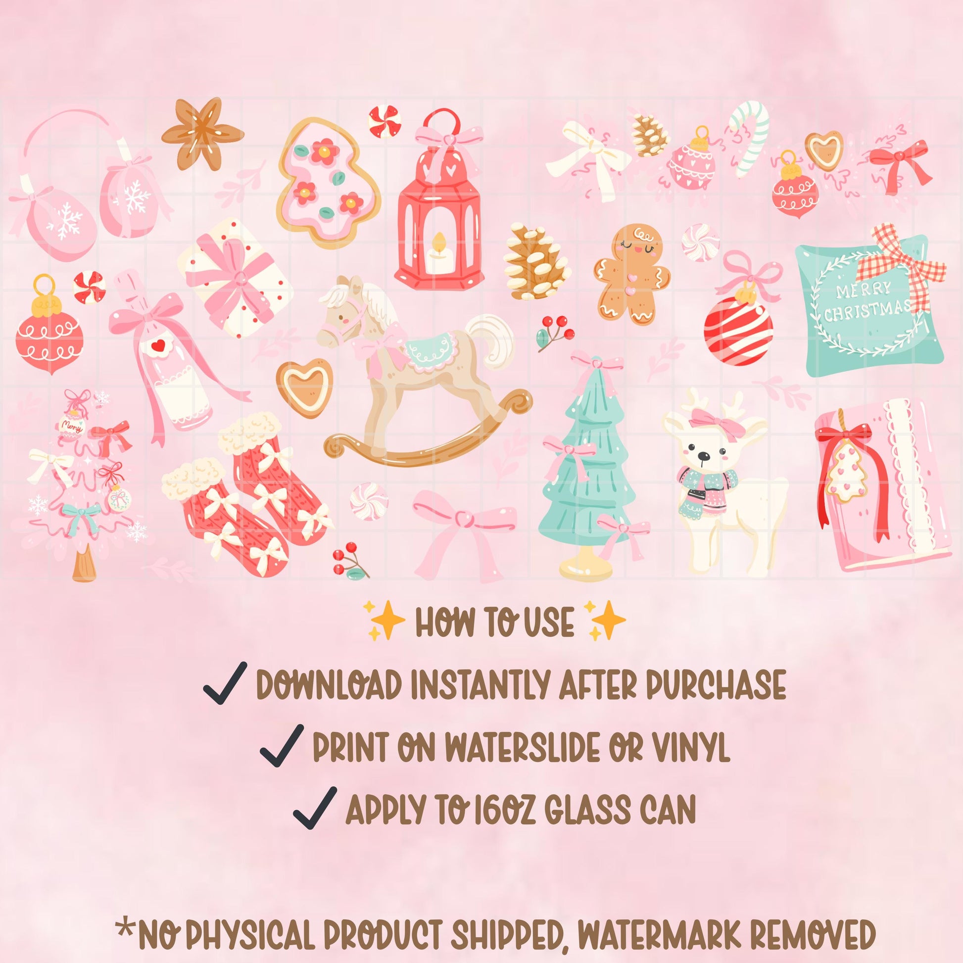 Pastel Coquette Christmas Glass Can Wrap PNG, Gingerbread Ornament Tumbler Design (Digital Download)