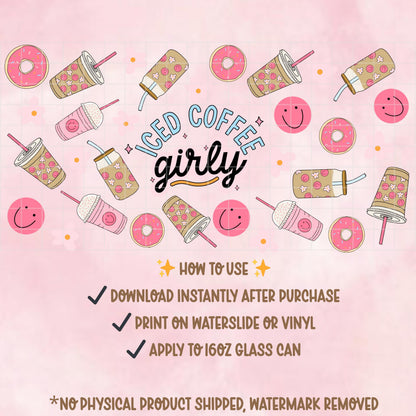 Iced Coffee Girly Glass Can Wrap PNG | Pink Donut Tumbler Design (Digital Download)