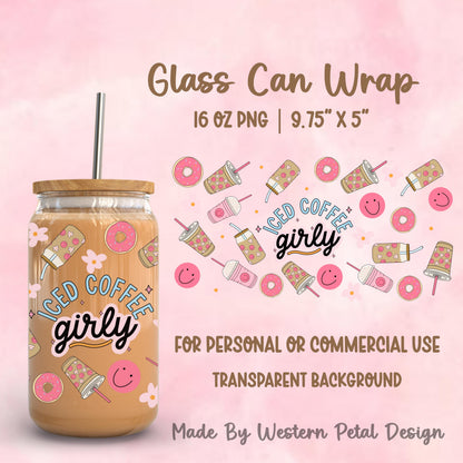 Pink iced coffee girly glass can wrap PNG featuring donuts, smiley faces, and cute coffee cups on a 16oz tumbler mockup.