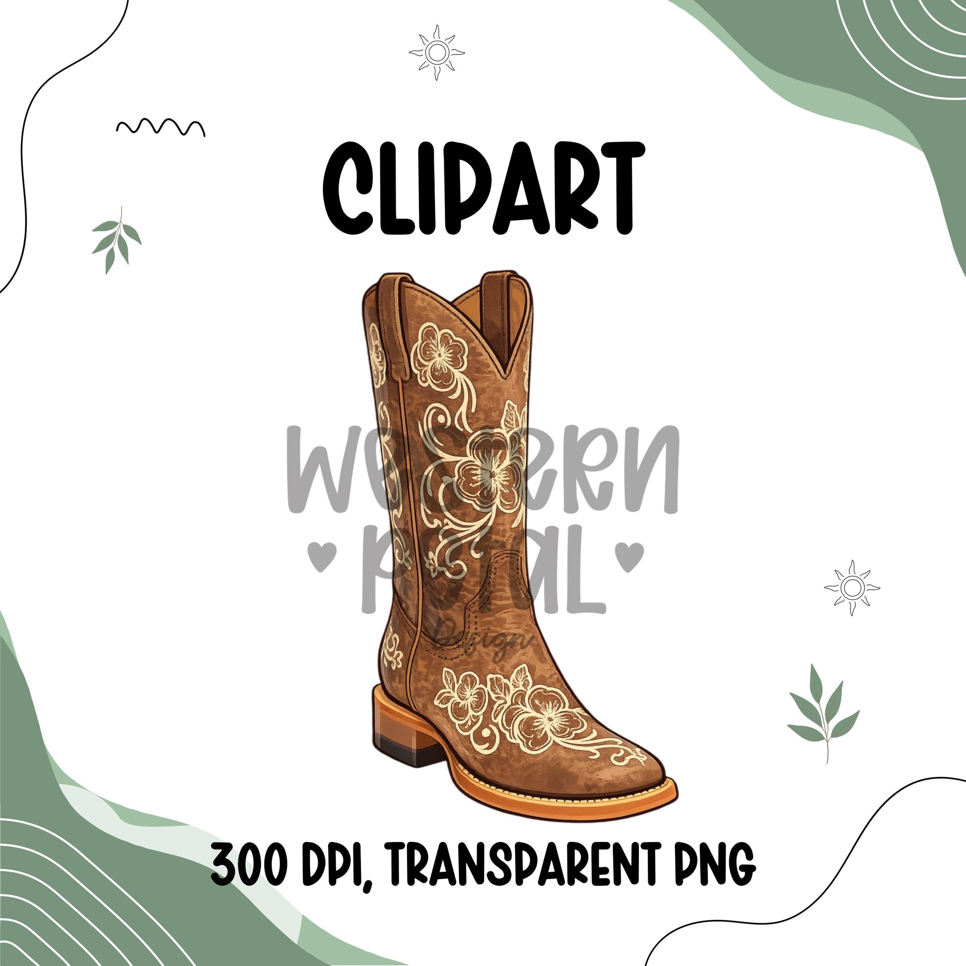 Floral stitched cowgirl boots clipart PNG with western boho design and transparent background for sublimation projects