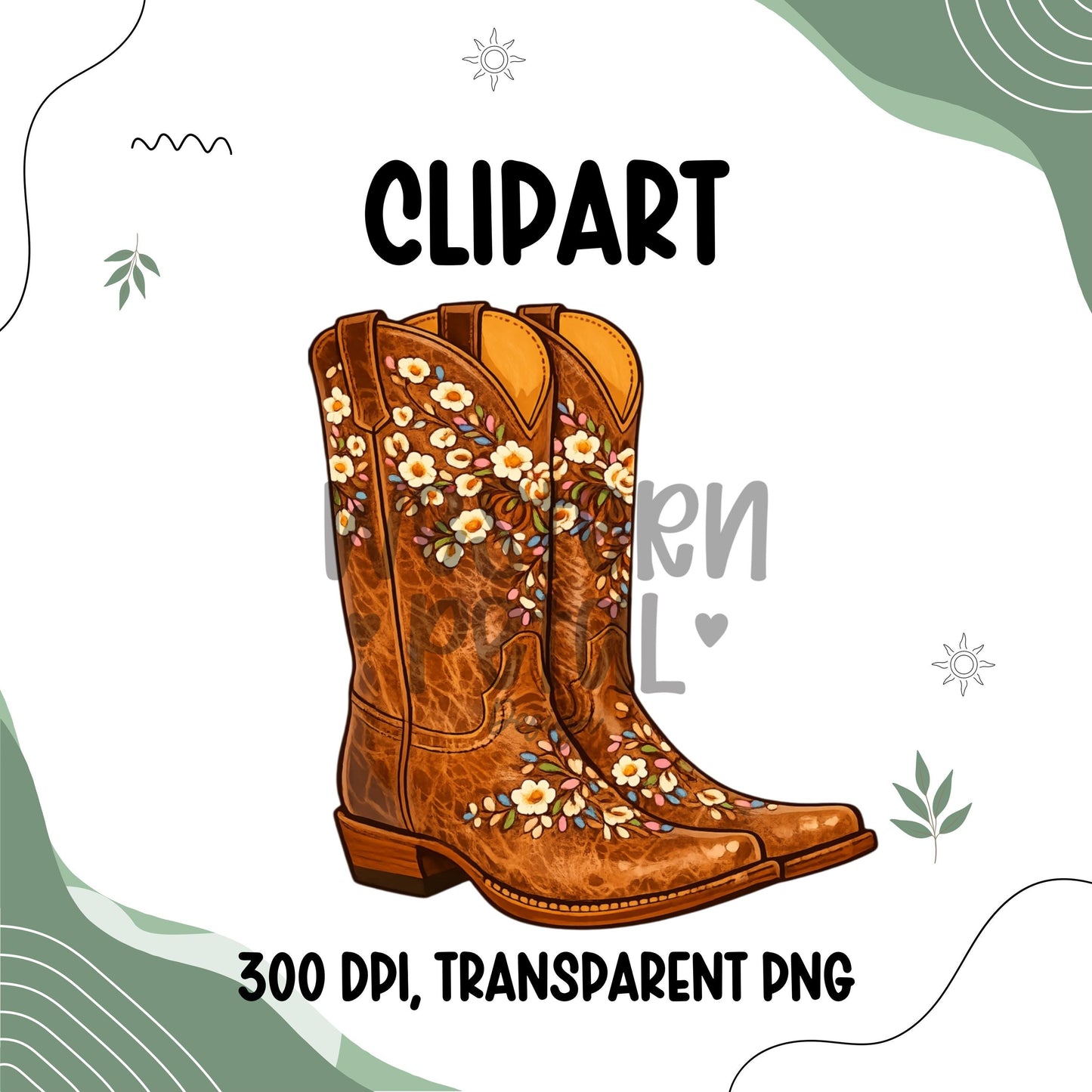 Floral stitched cowgirl boots clipart PNG with western boho design and transparent background for sublimation projects