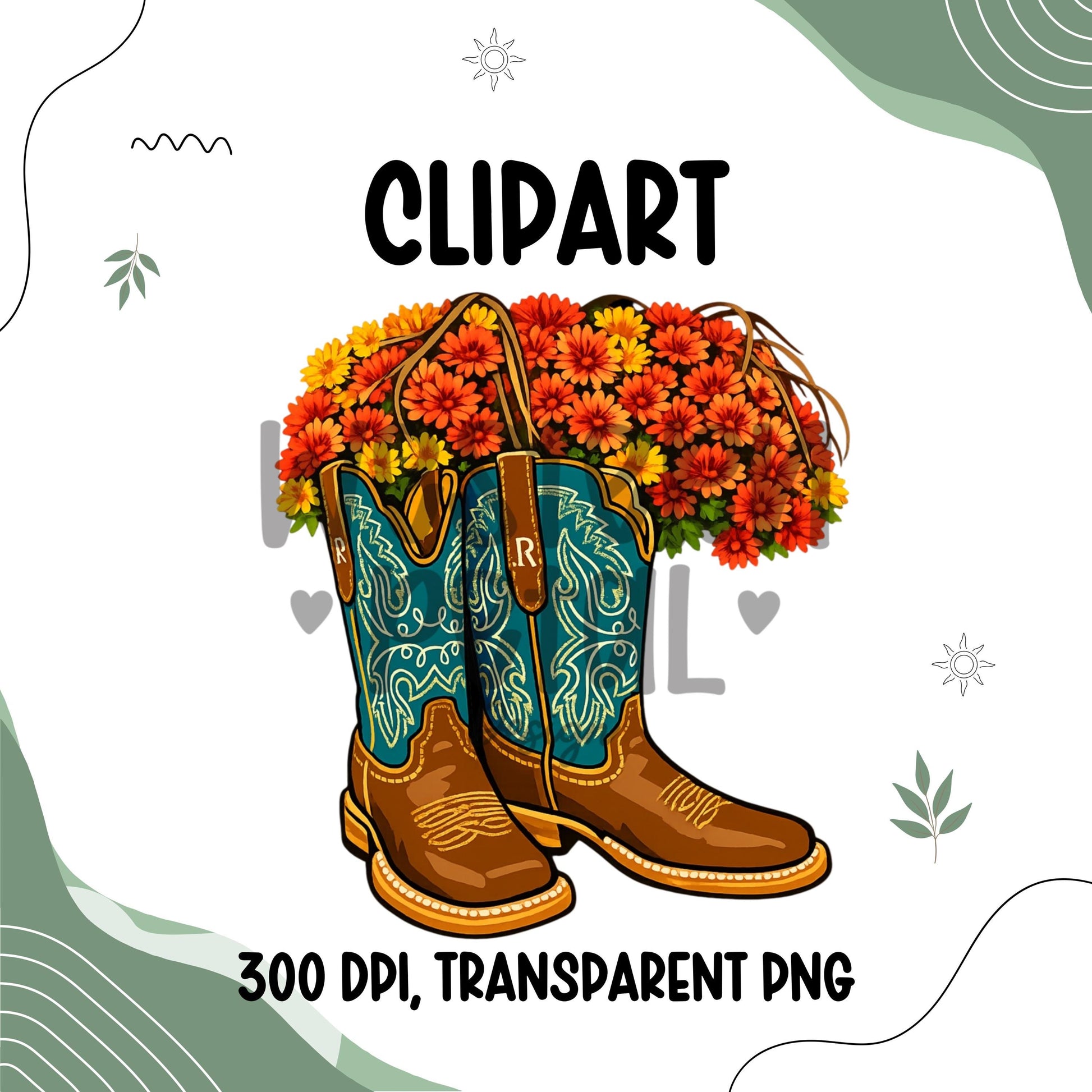 Cowgirl boots with flowers clipart PNG featuring western boho floral design on transparent background for sublimation crafts
