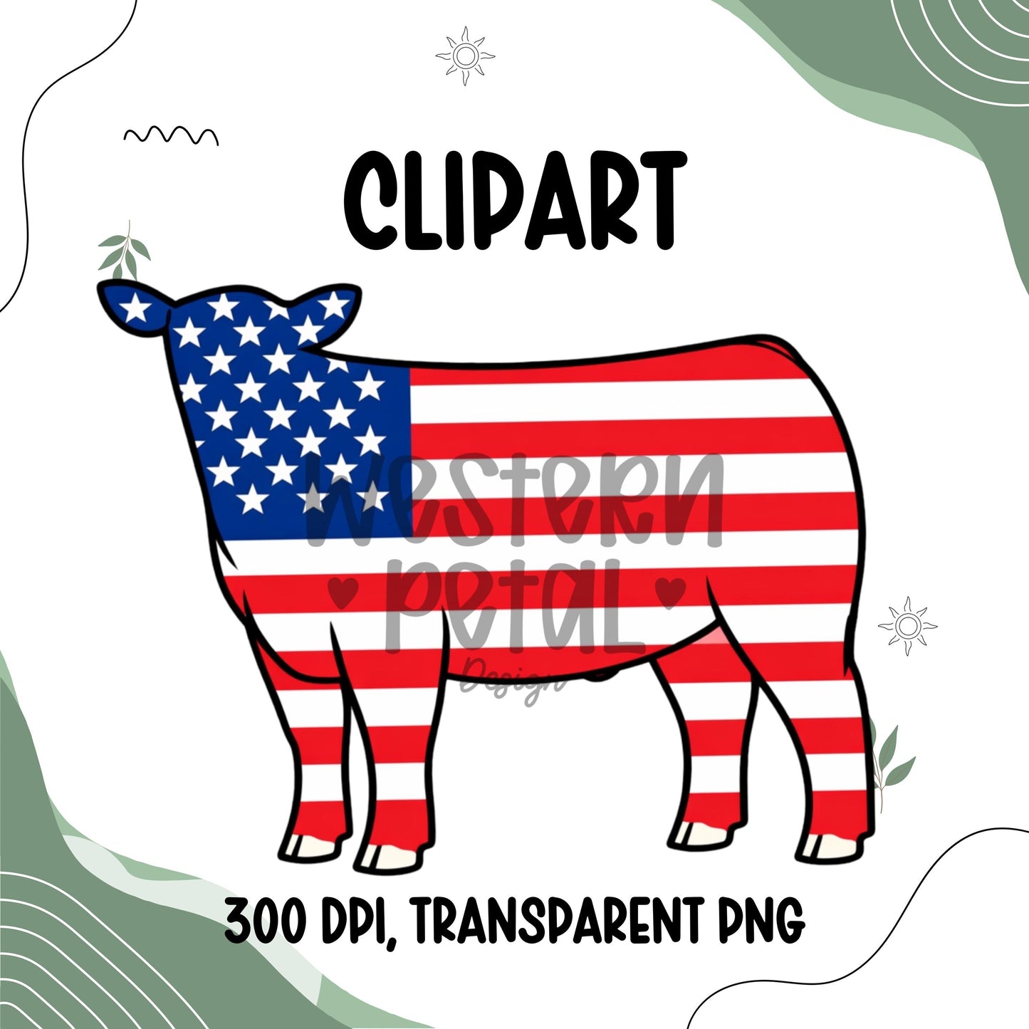 Patriotic steer clipart PNG with American flag pattern and black outline on transparent background for sublimation projects
