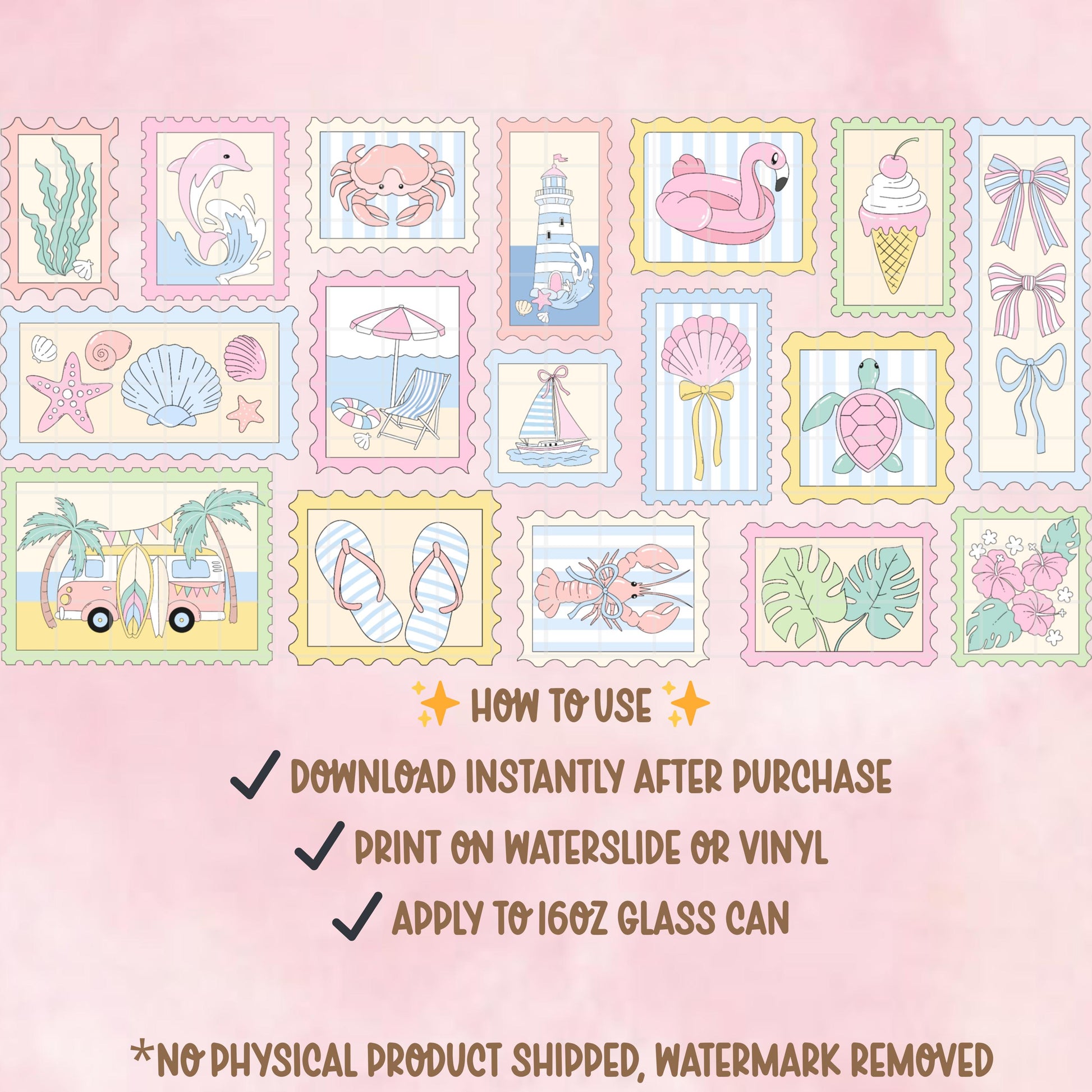 Pastel Beach Stamp Glass Can Wrap PNG | Summer Coastal Clipart (Digital Download)