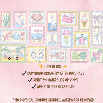 Pastel Beach Stamp Glass Can Wrap PNG | Summer Coastal Clipart (Digital Download)