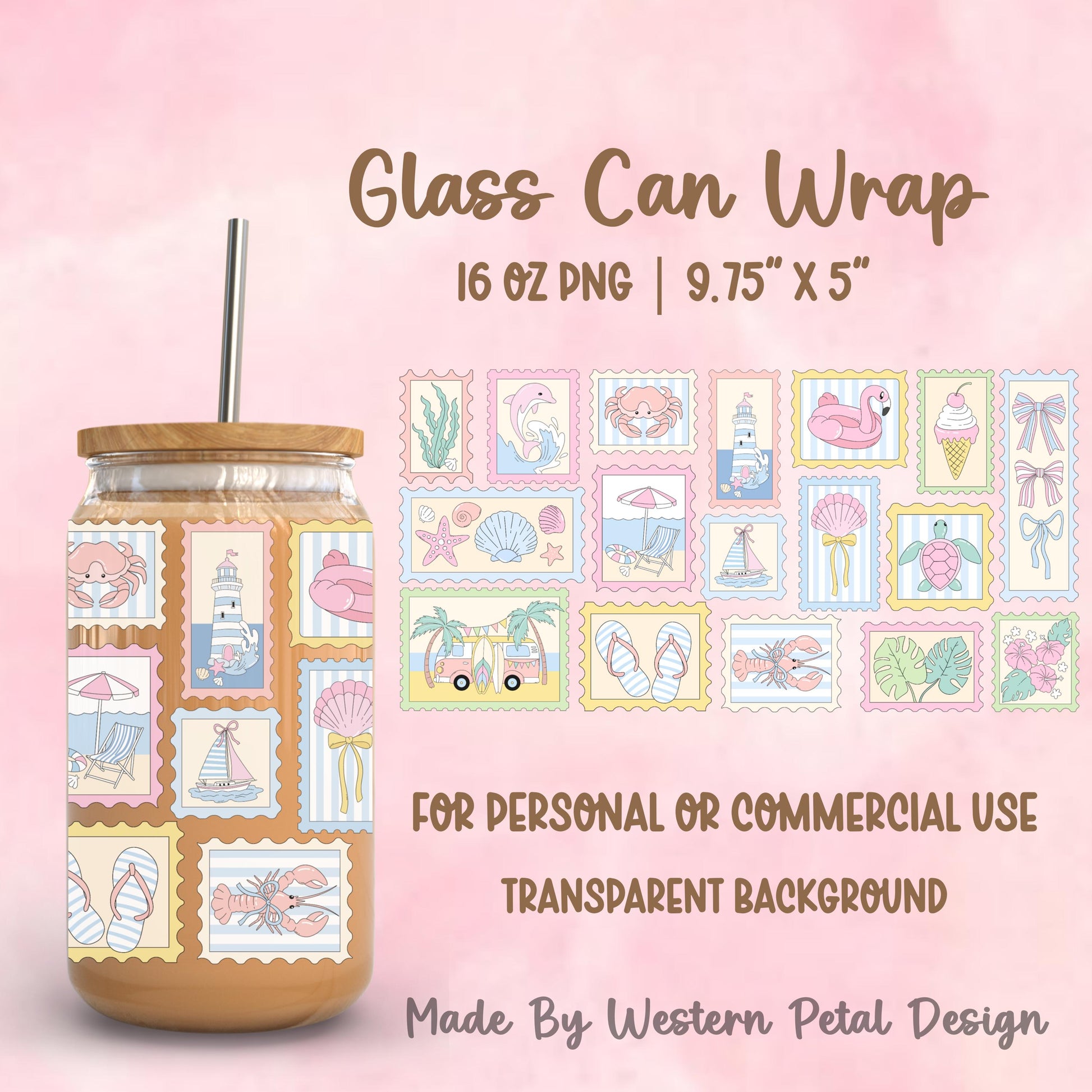 Pastel beach stamp style glass can wrap PNG featuring dolphins, shells, flamingos, palm trees, and coastal icons for 16oz Libbey tumblers