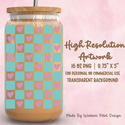Pastel Checker Heart Glass Can Wrap PNG | 16oz Tumbler Design (Digital Download)