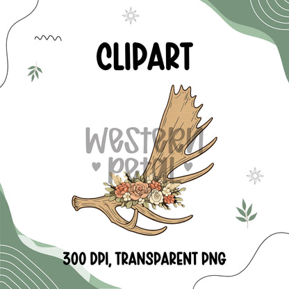 Floral moose antler clipart with pink and neutral flowers on transparent background