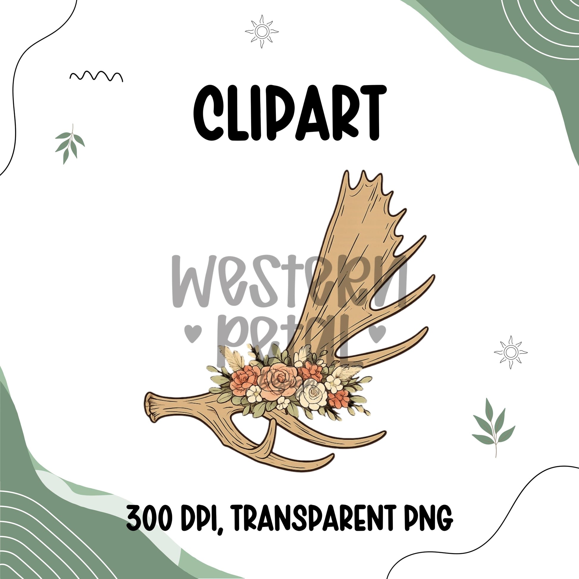 Floral moose antler clipart with pink and neutral flowers on transparent background