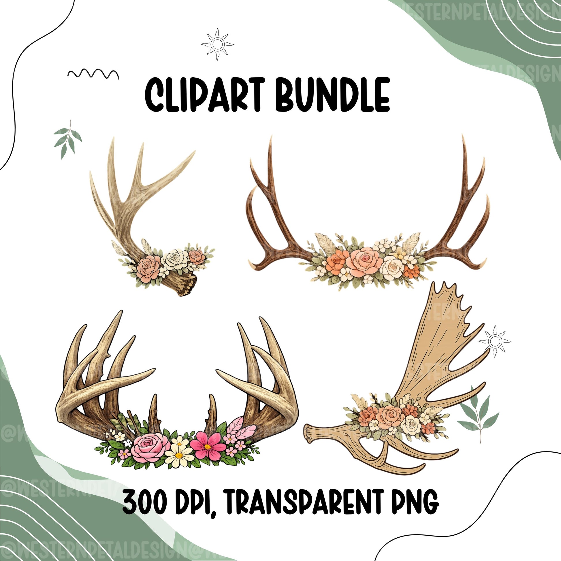 Floral antler clipart bundle featuring deer, elk, mule deer, and moose antlers