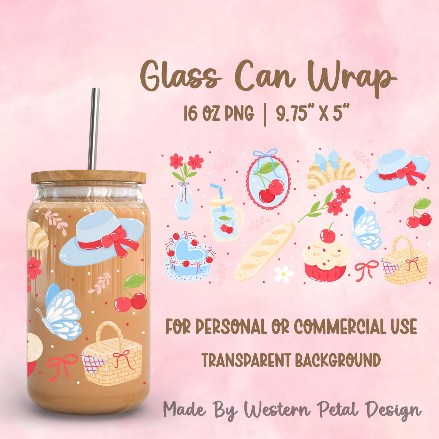 Cherry picnic glass can wrap PNG mockup on 16oz Libbey cup, coquette cottagecore drink design with cherries, croissant, cupcake, florals, and bow, pastel summer aesthetic