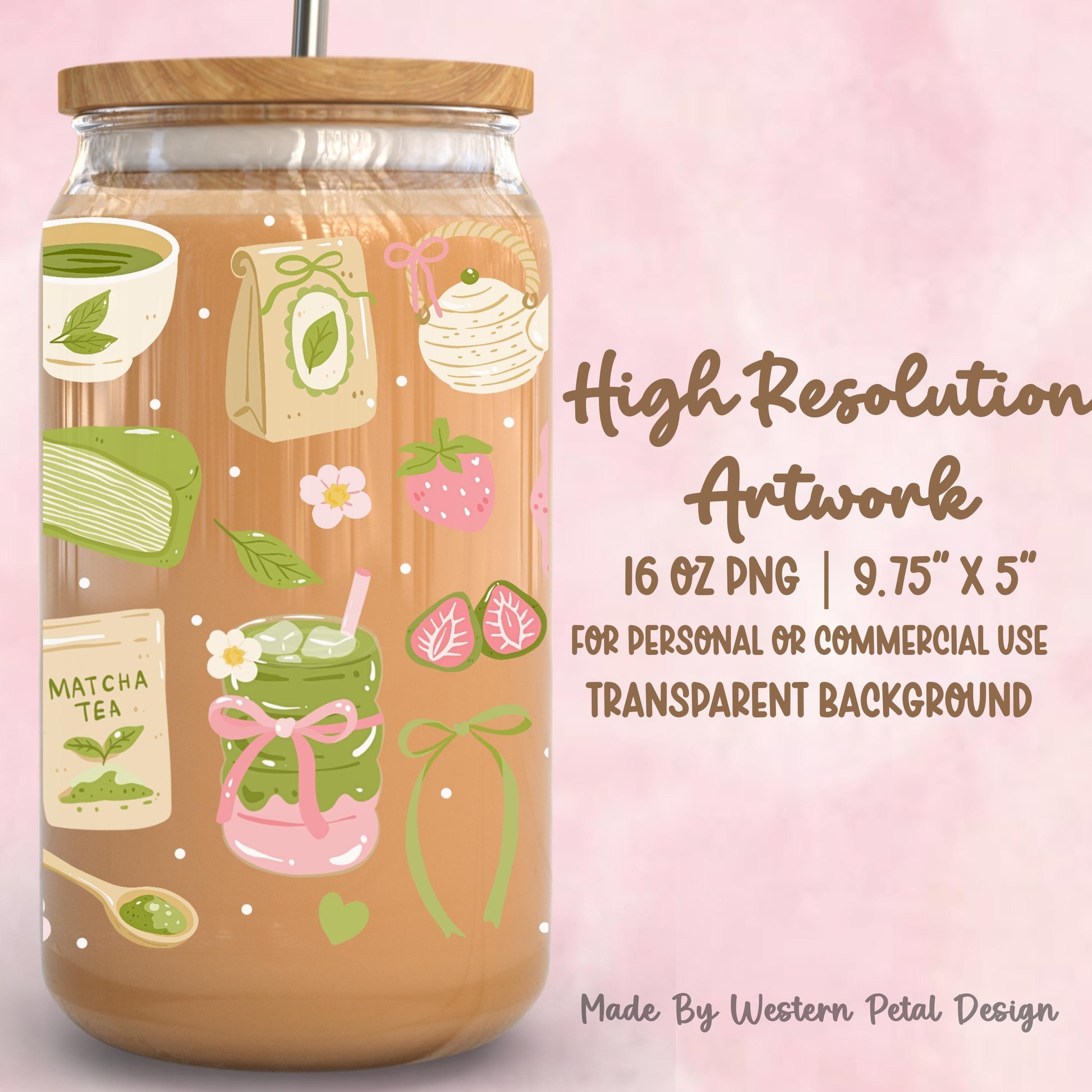 Strawberry Matcha Glass Can Wrap PNG, 16oz Libbey Cup Design (Digital Download)