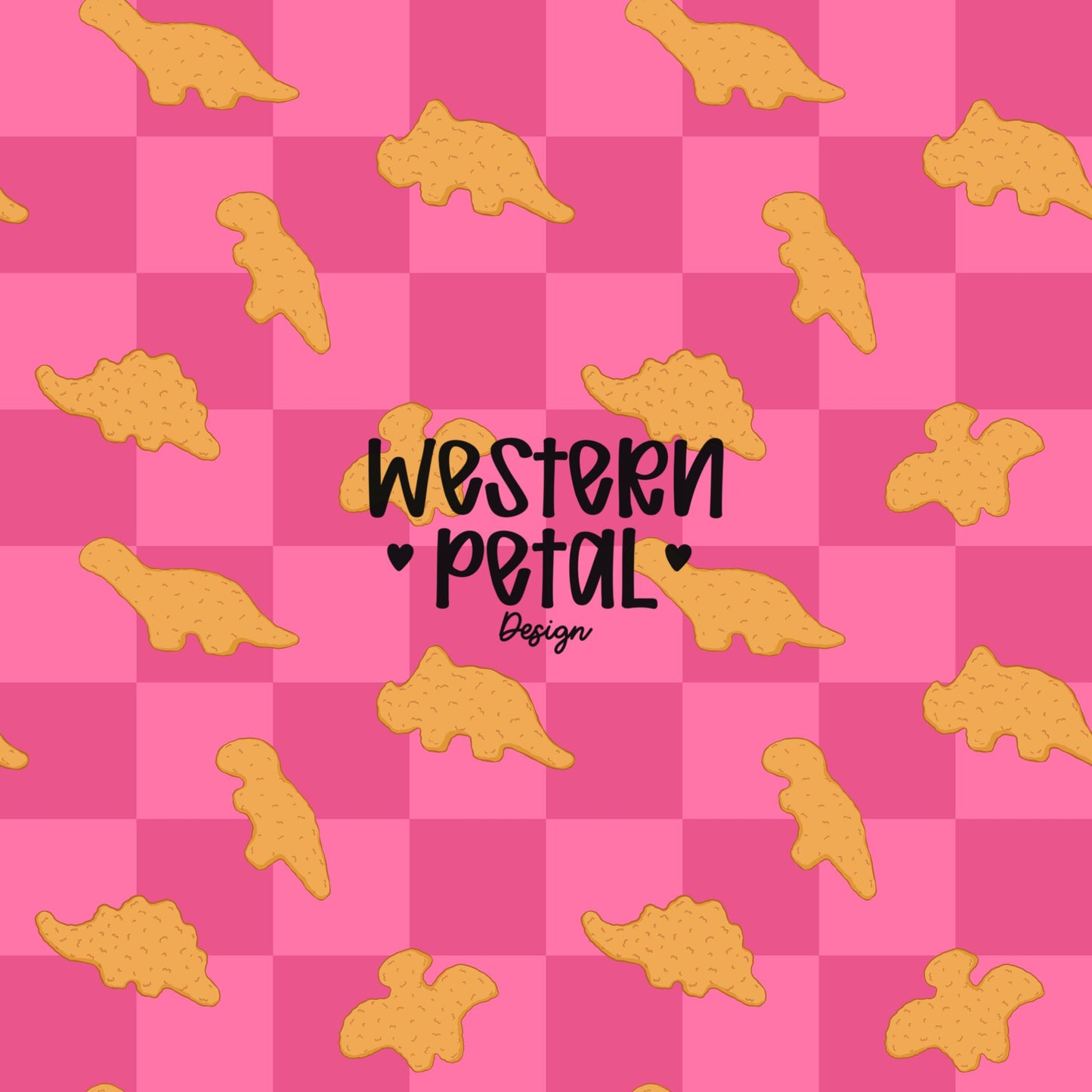 pink checkerboard seamless pattern with golden brown dinosaur chicken nuggets, playful food pattern, cute dino nugget design, repeating tile background, fun kids snack theme pattern