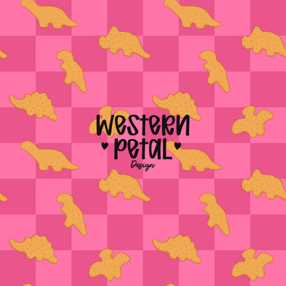 pink checkerboard seamless pattern with golden brown dinosaur chicken nuggets, playful food pattern, cute dino nugget design, repeating tile background, fun kids snack theme pattern