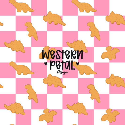 pink checkerboard seamless pattern with golden brown dinosaur chicken nuggets, playful food pattern, cute dino nugget design, repeating tile background, fun kids snack theme pattern