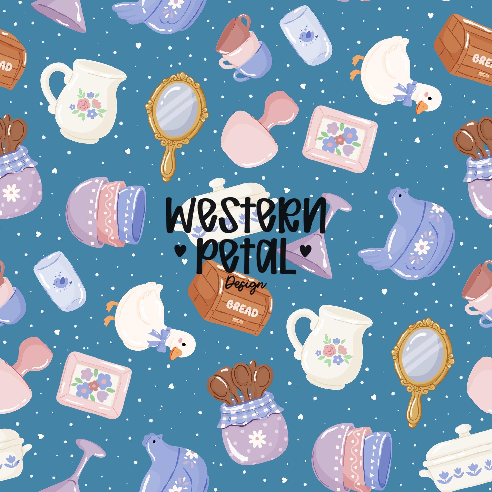 blue vintage thrift aesthetic seamless pattern with pastel kitchen items, floral pitchers, ducks, bread boxes, hand mirror, and cottagecore decor elements