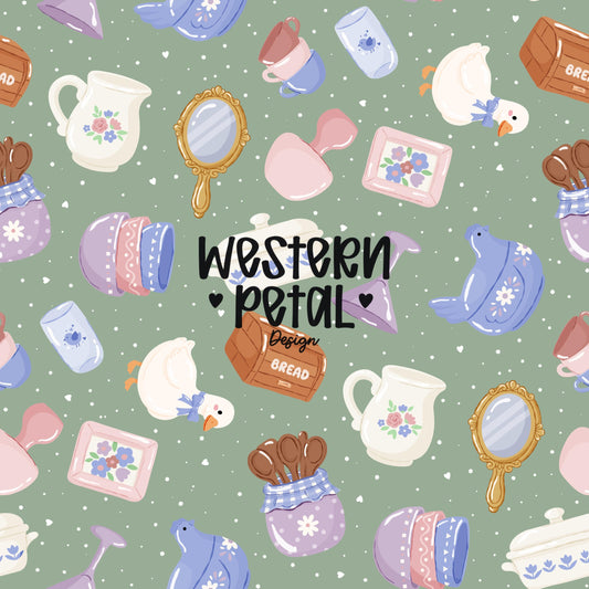 green vintage thrift aesthetic seamless pattern with pastel kitchen items, floral pitchers, ducks, bread boxes, hand mirror, and cottagecore decor elements