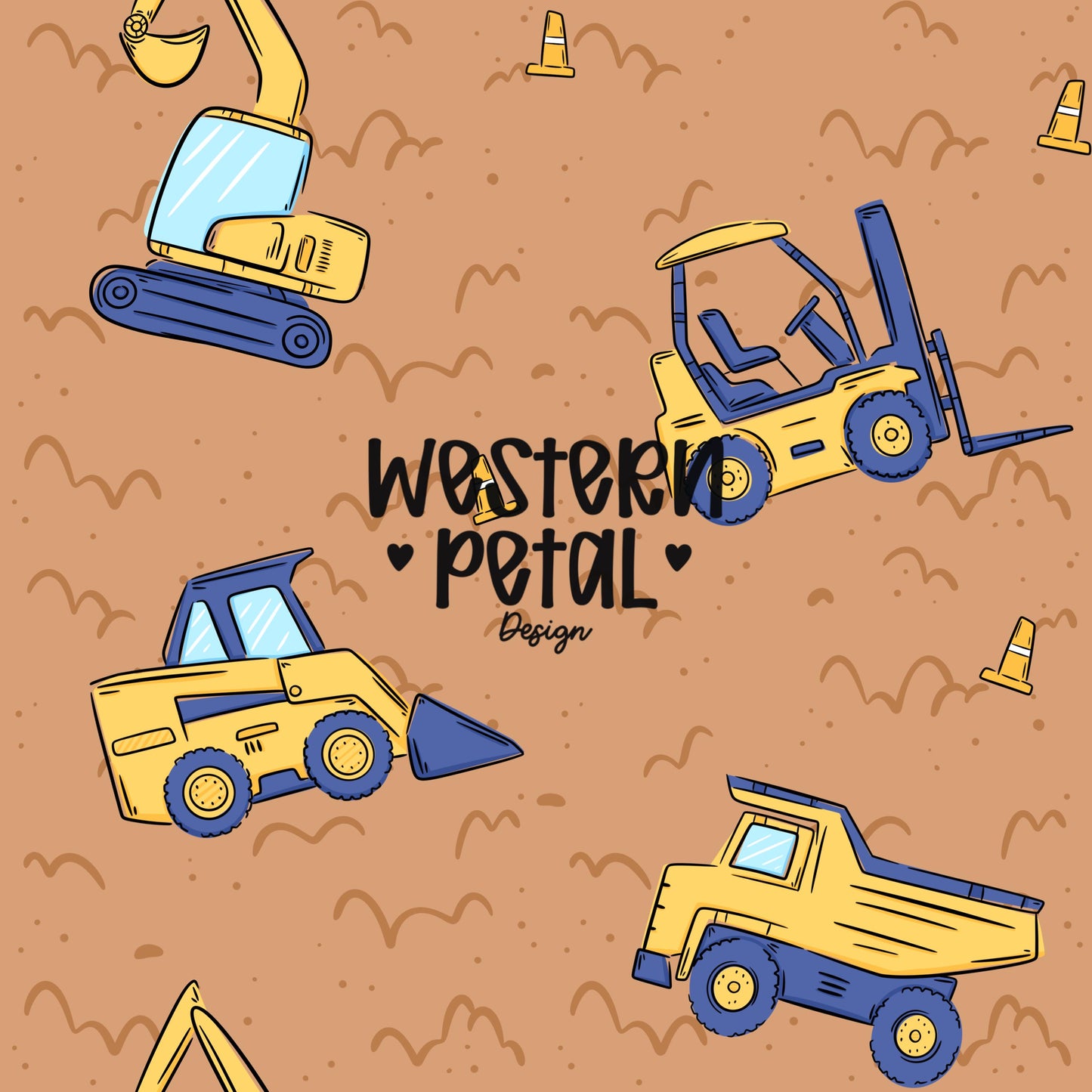 seamless construction vehicle pattern with excavator forklift dump truck bulldozer and cones on brown dirt background