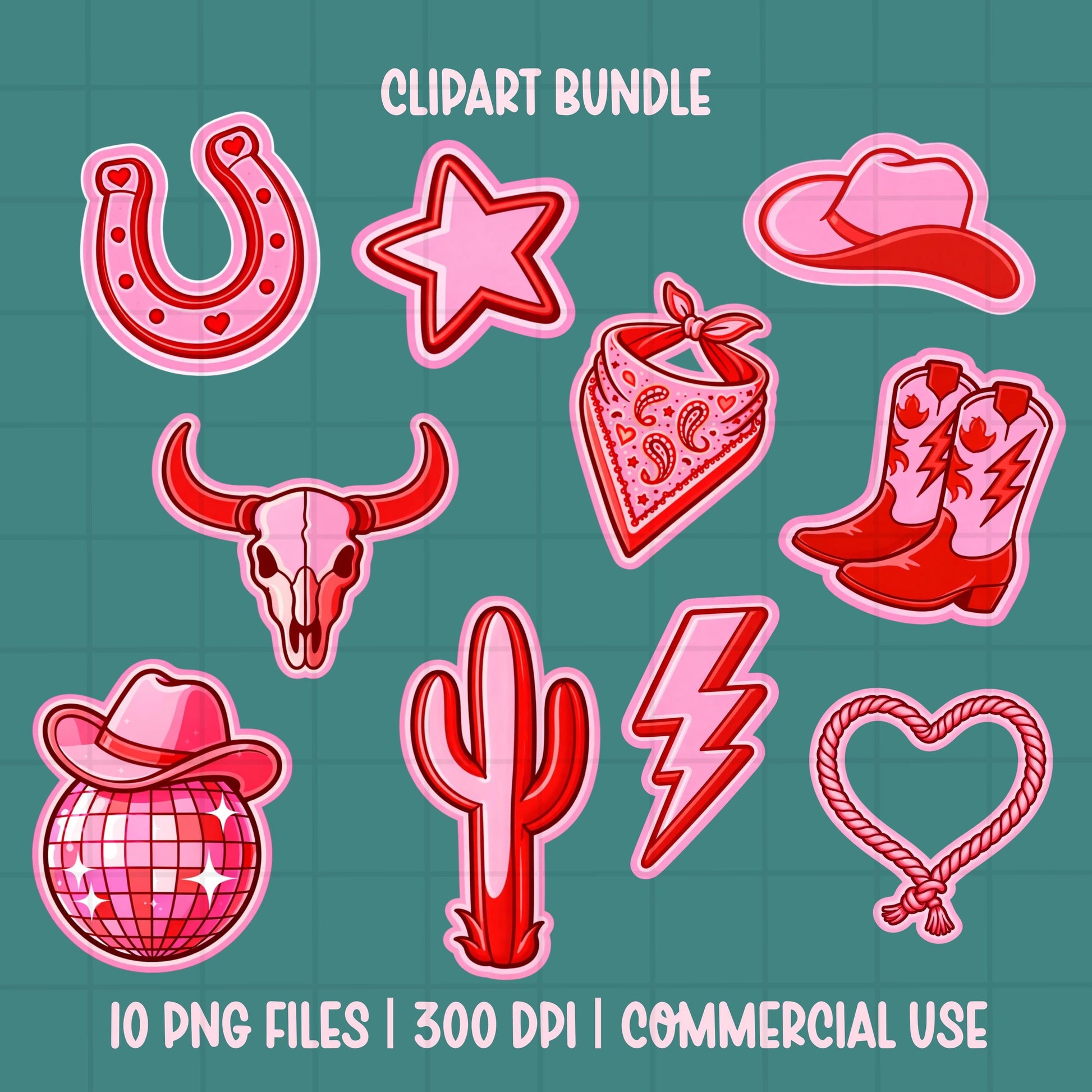 pink red western clipart bundle neon cowgirl icons boots cactus bandana horseshoe skull lightning bolt disco ball png set