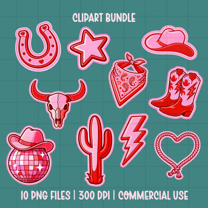 pink red western clipart bundle neon cowgirl icons boots cactus bandana horseshoe skull lightning bolt disco ball png set