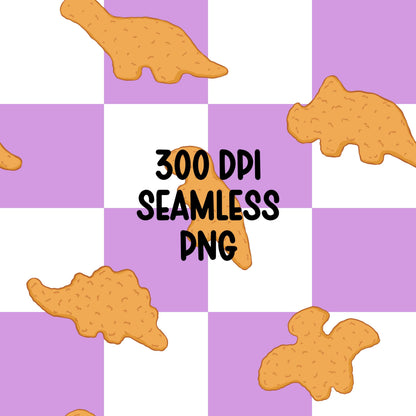 Dino Nugget Seamless Pattern PNG, Lavender Checkerboard Dinosaur Chicken Nugget Food Digital Paper, Kids Snack Printable Background
