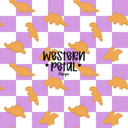 Dino Nugget Seamless Pattern PNG, Lavender Checkerboard Dinosaur Chicken Nugget Food Digital Paper, Kids Snack Printable Background