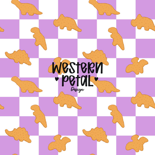 Dino Nugget Seamless Pattern PNG, Lavender Checkerboard Dinosaur Chicken Nugget Food Digital Paper, Kids Snack Printable Background
