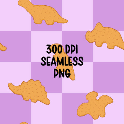 Dino Nugget Seamless Pattern PNG, Lavender Checkerboard Dinosaur Chicken Nugget Food Digital Paper, Kids Snack Printable Background