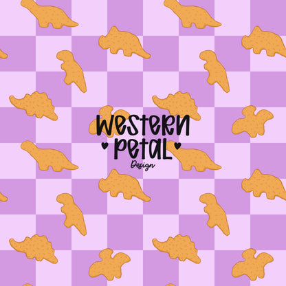 Dino Nugget Seamless Pattern PNG, Lavender Checkerboard Dinosaur Chicken Nugget Food Digital Paper, Kids Snack Printable Background