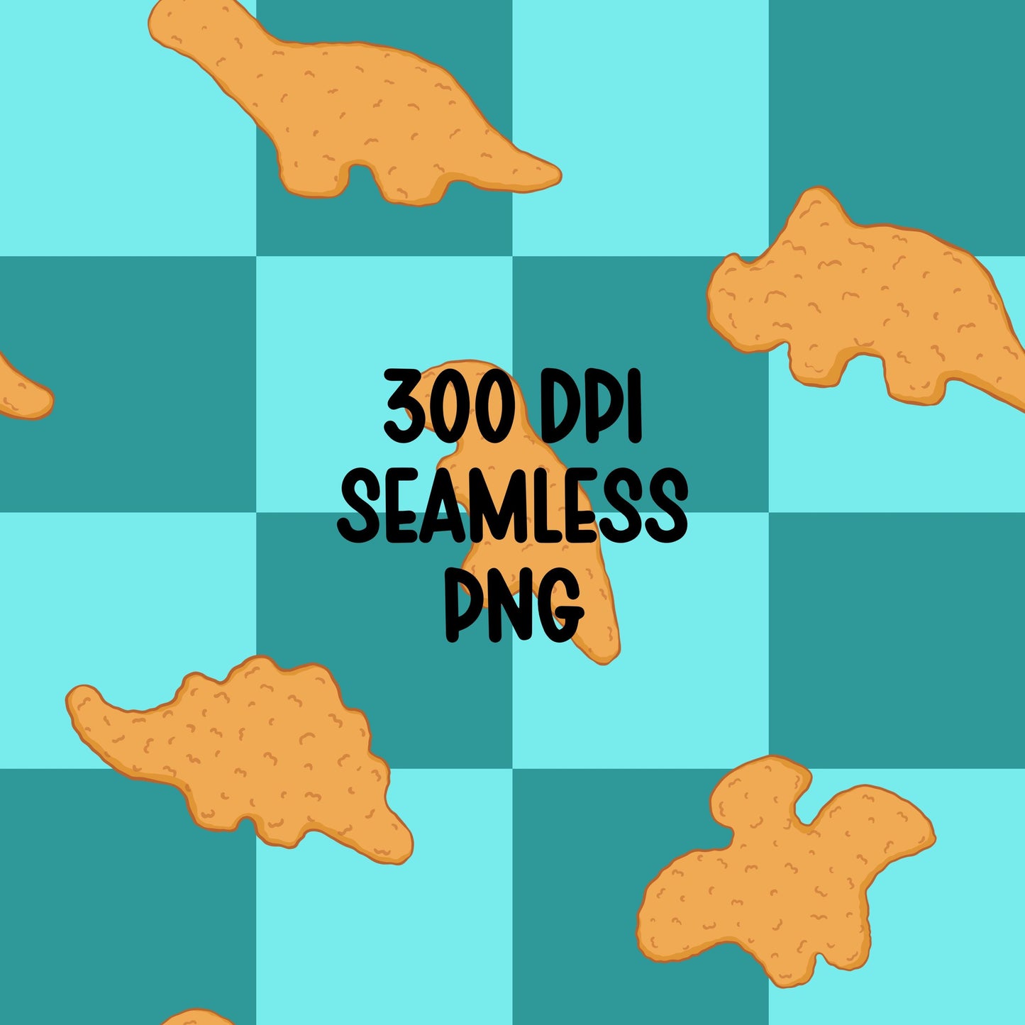 Dino Nugget Seamless Pattern PNG, Teal | Turquoise Checkerboard Dinosaur Chicken Nugget Food Digital Paper, Kids Snack Printable Background