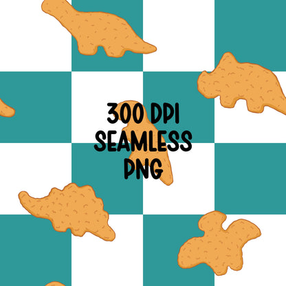 Dino Nugget Seamless Pattern PNG, Teal | Turquoise Checkerboard Dinosaur Chicken Nugget Food Digital Paper, Kids Snack Printable Background