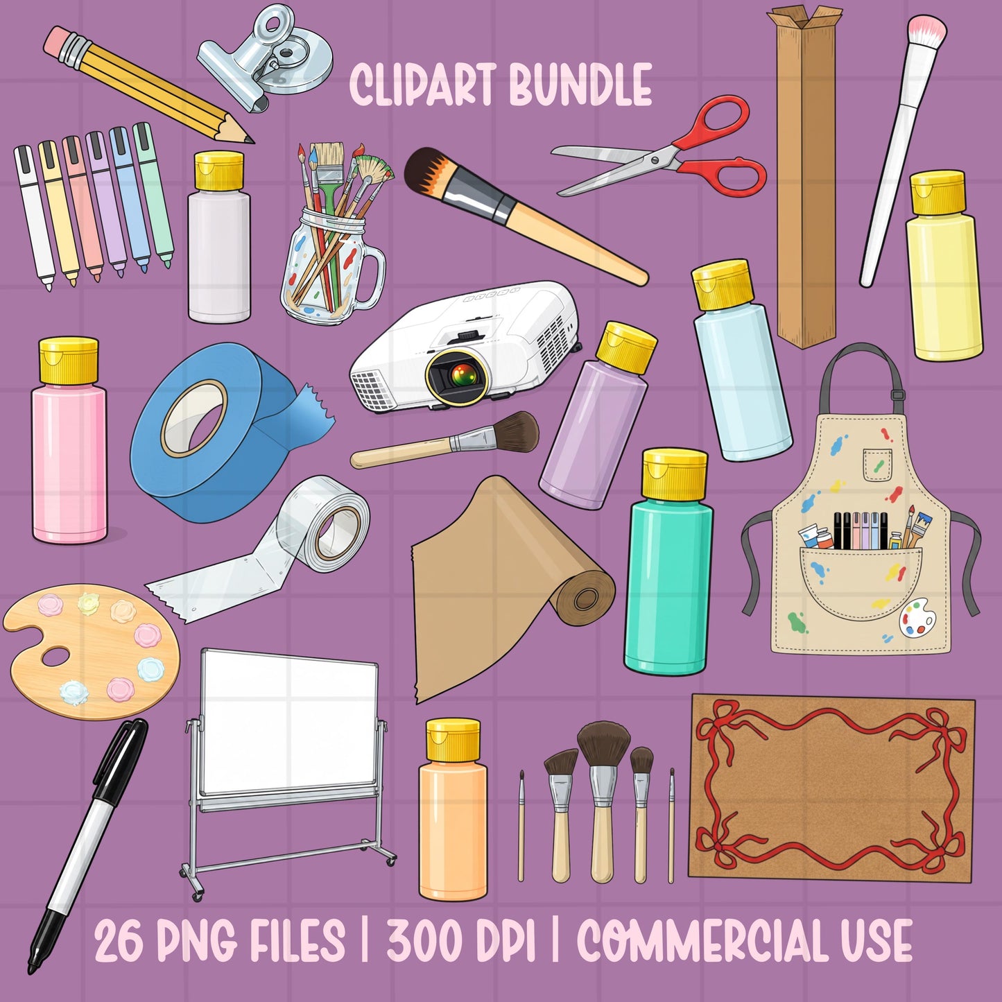 hand painted banner clipart bundle, painting supplies clipart, paint brushes bottles apron scissors tape palette kraft paper clipart set, banner artist design elements