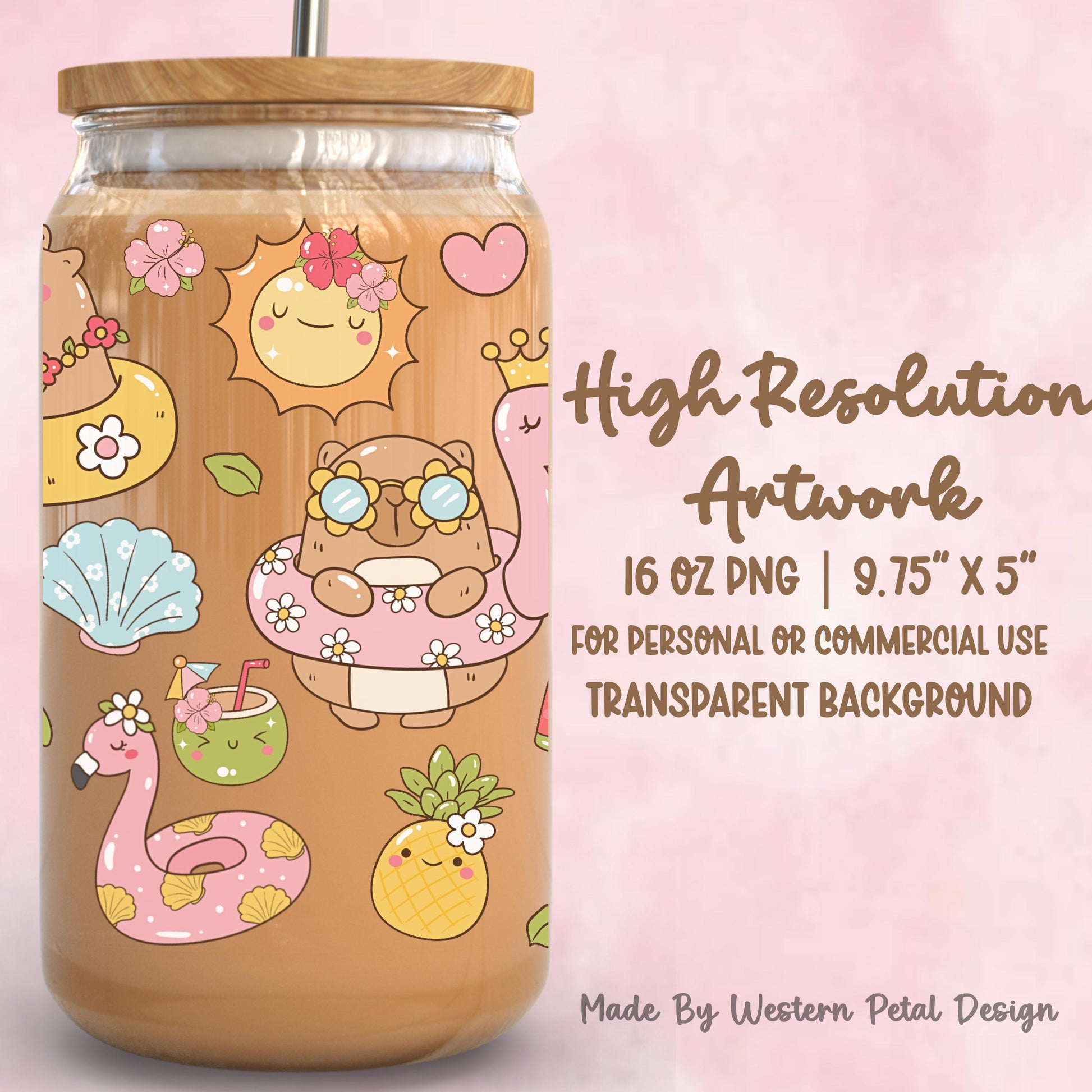 Capybara Pool Party Glass Can Wrap PNG, Tropical Summer Tumbler Design UV DTF (Digital Download)