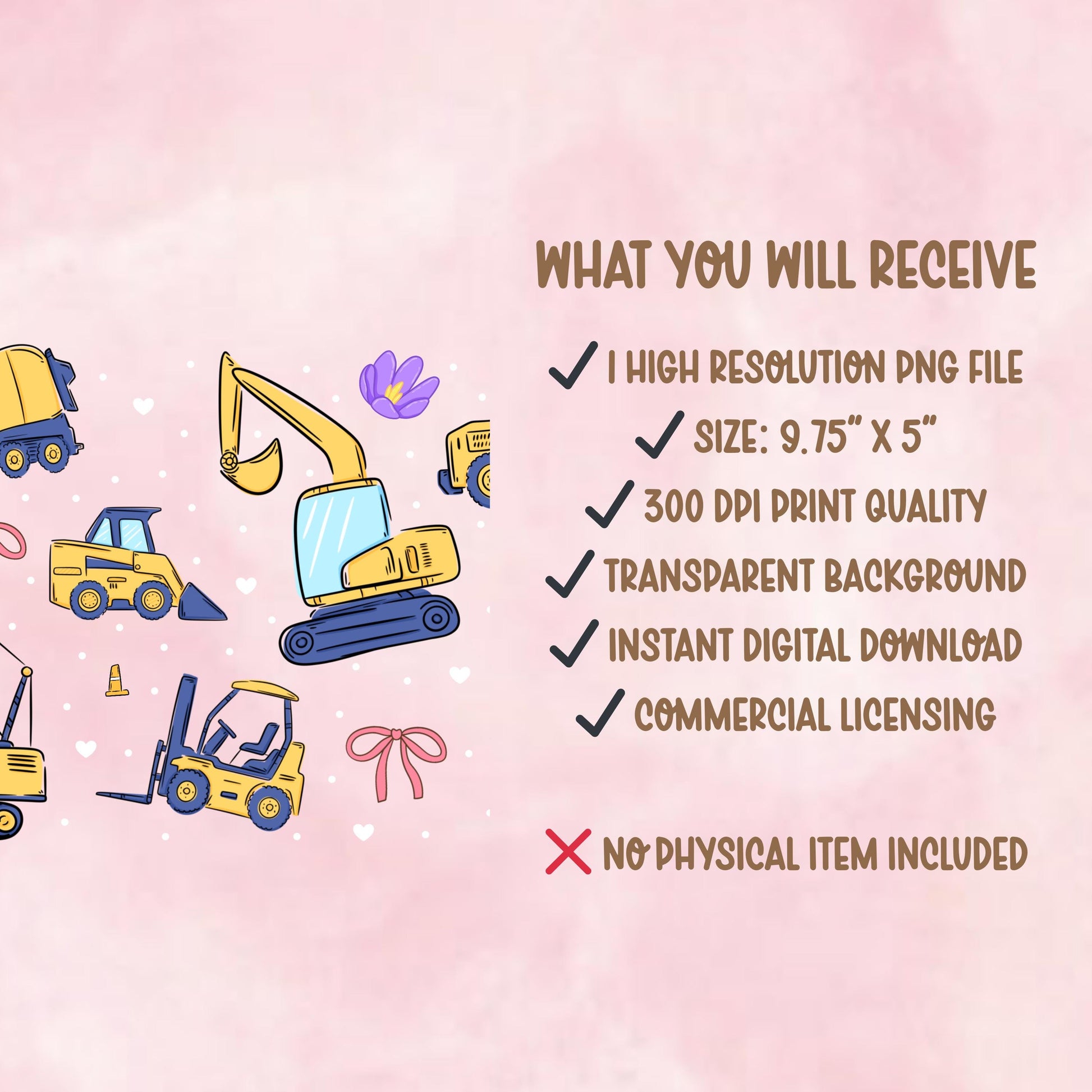 Girly Construction Glass Can Wrap PNG, Trucks Tumbler Design (Digital Download)