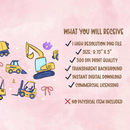 Girly Construction Glass Can Wrap PNG, Trucks Tumbler Design (Digital Download)