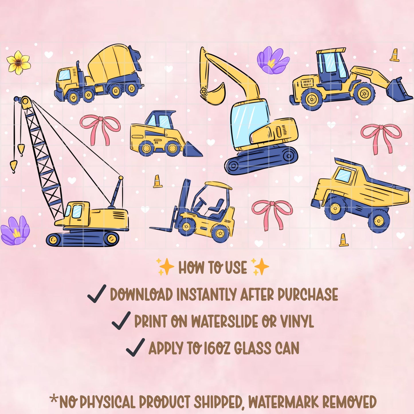 Girly Construction Glass Can Wrap PNG, Trucks Tumbler Design (Digital Download)