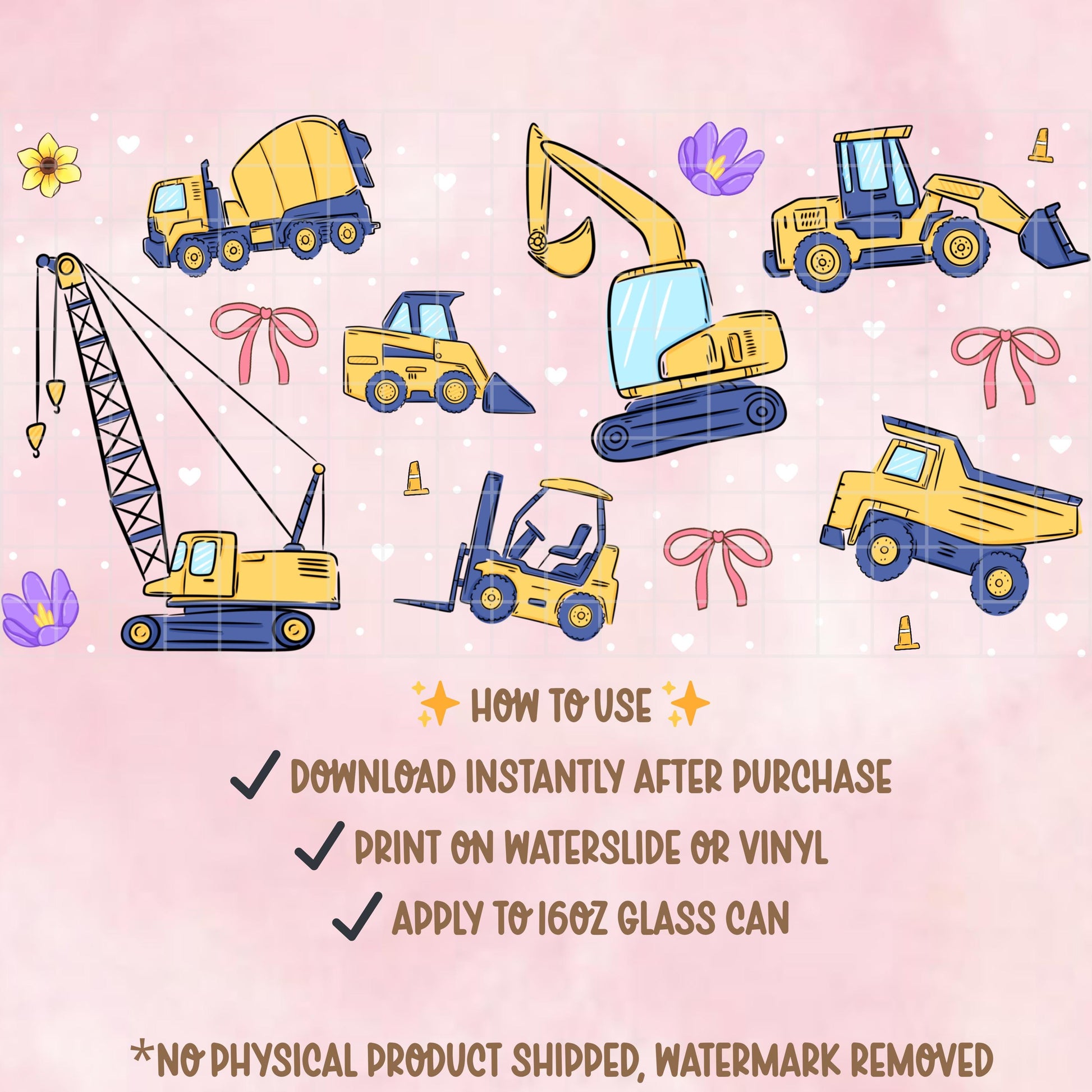 Girly Construction Glass Can Wrap PNG, Trucks Tumbler Design (Digital Download)