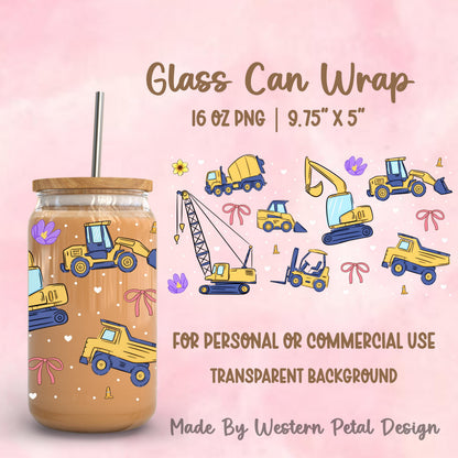Cute construction vehicle glass can wrap featuring excavator, cement mixer, forklift, crane and dump truck with bows and hearts for 16oz Libbey glass can.
