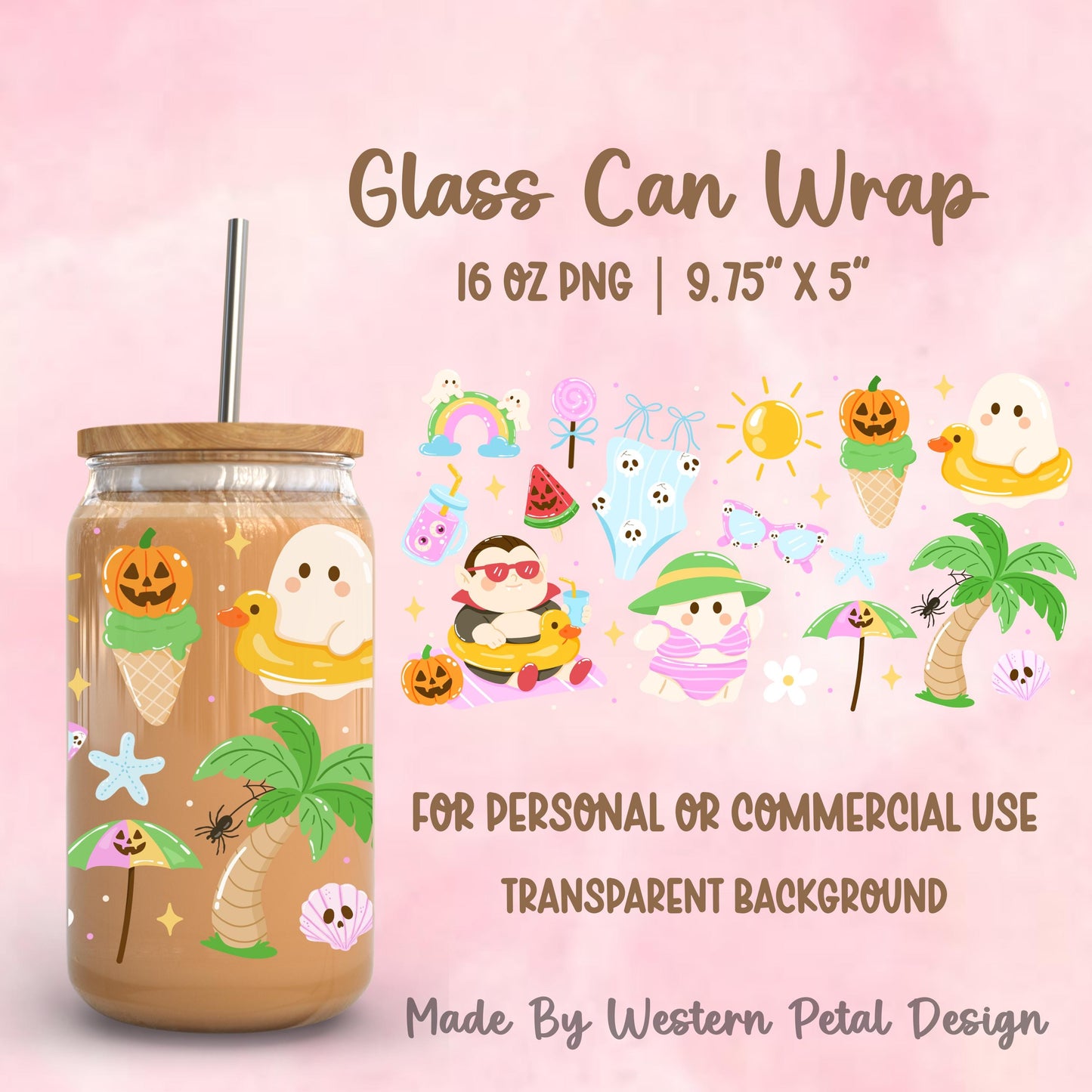 Cute spooky summer glass can wrap PNG featuring ghosts, pumpkins, vampire pool float, beach umbrella, palm tree, and Halloween summer elements for a 16oz Libbey glass can.